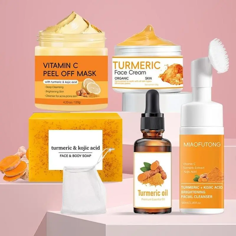Turmeric Glow Set - 6-Piece Alcohol-Free Skin Care Kit, Includes Soap, Cleansing Pad, Mousse Cleanser, Essential Oil, Peel-Off Mask & Soap Bag, Discovery Set Skin Care Kits for Women & Men (Christmas Gift Option), Skin Care Sets
