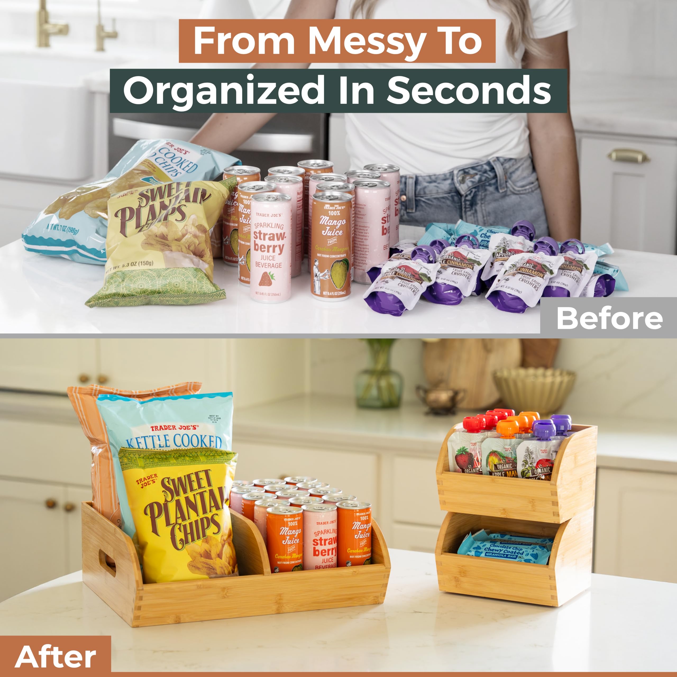 3 Pack Potato and Onion Storage Bin for Pantry and Kitchen Counter - Ventilated Stackable Bamboo Organizer Baskets with Handles - Multipurpose Organization Containers for Fruit, Vegetable, Pantry