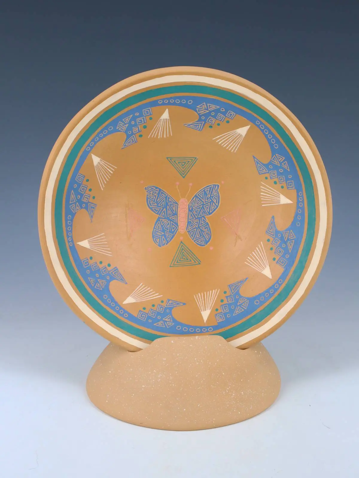 Mata Ortiz Hand Coiled Pottery Etched Butterfly Plate With Stand
