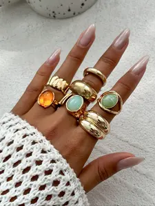 7-Piece Vintage European Style Gemstone Embedded Ring Set, Irregular Thick Metal Rings for Ladies Parties and Daily Wear
