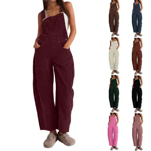 Naeduo  Women's Corduroy Overalls Wide Leg Bib Soft Fabric Adjustable Jumpsuit with Front Pockets & Button Closure Basic Darkgreen Style