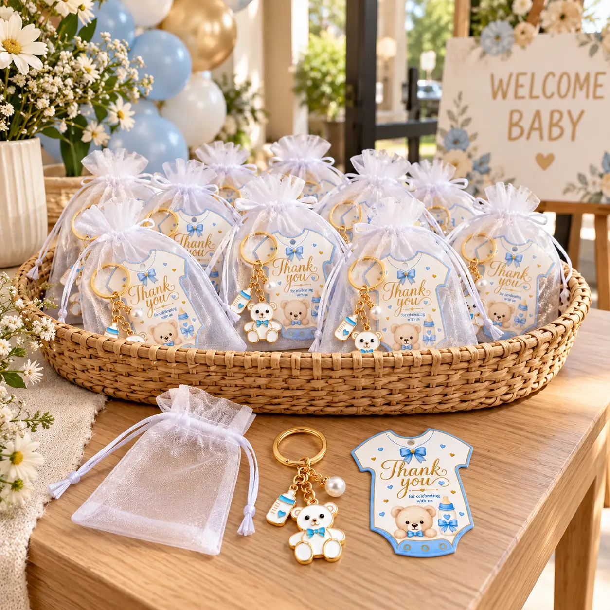 10/20/30 Sets Teddy Bear & Baby Bottle Charm Keychains (Set Size 30pcs) with Thank You Cards & White Organza Bags, Kawaii Baby Shower Guest Favors, Party Gifts for Boys