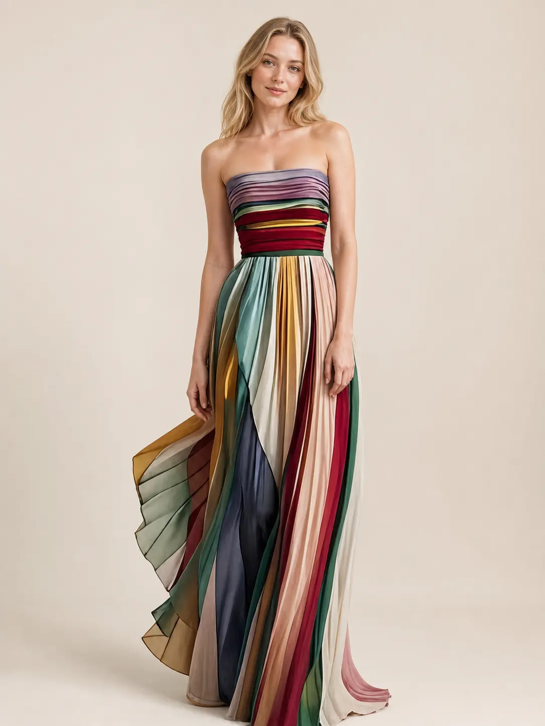 2026 Summer Women Strapless Rainbow Print Maxi Dress High Waist Ruched Slim Flowy Big Swing Long Dress Wrinkle Resistant Polyester Elegant Wedding Guest Beach Party Vacation Outfits S-3XL