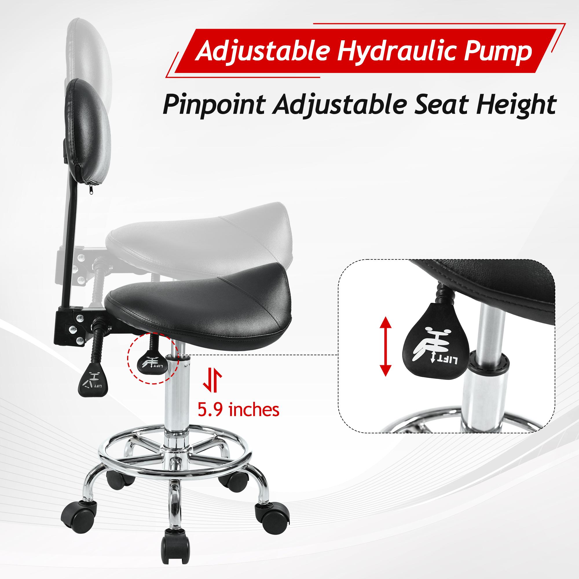 Saddle Stool with Back Support, Rolling Stools with Foot Rest, Ergonomic Adjustable Stool with Wheels, Backrest Adjustable Height & Angle for Salon Spa Tattoo Massage Swivel Stool Chair