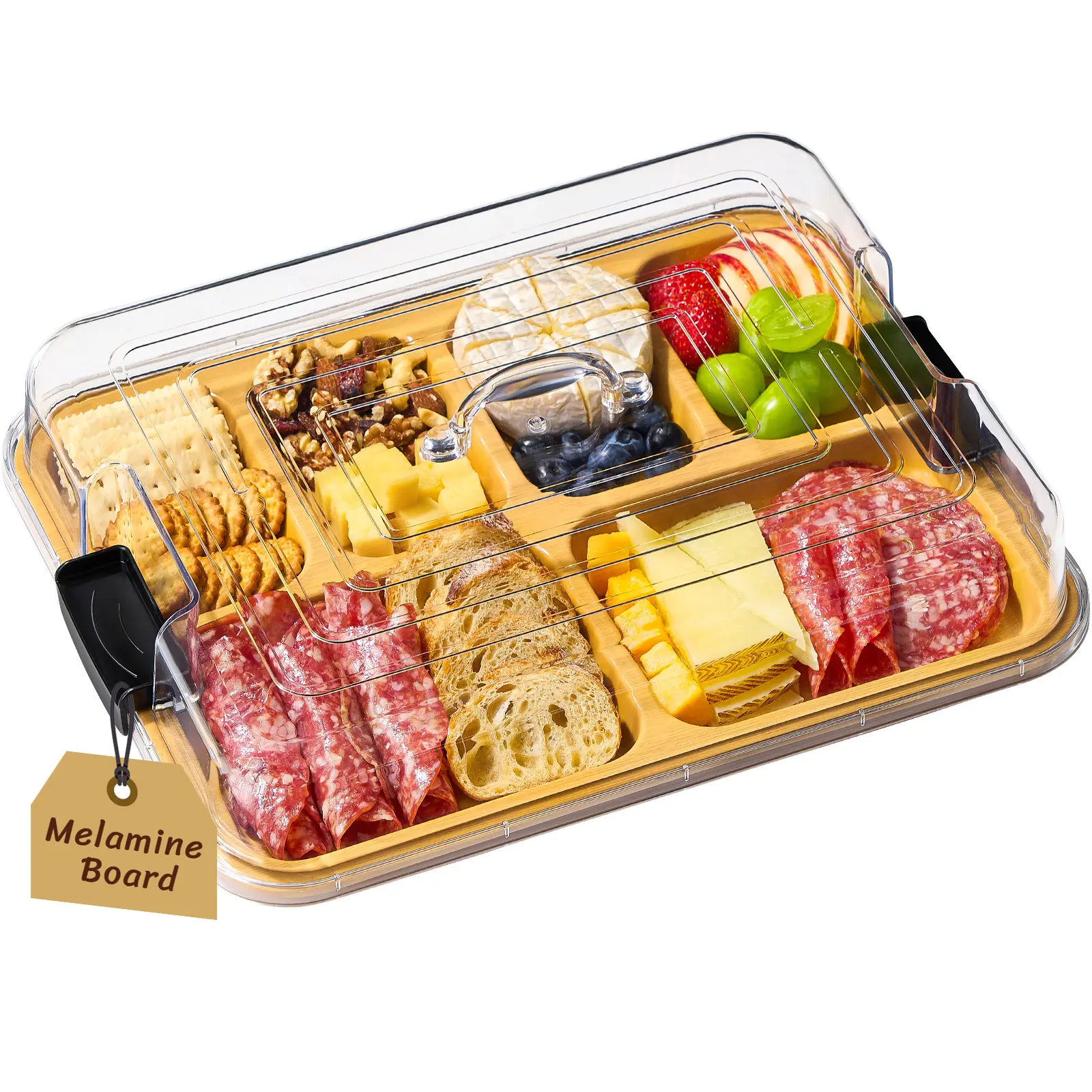 Lifewit 6-Compartment Charcuterie Board, 11x14 Inch Cheese Board with Lockable Clear Lid, Portable Serving Platter for Snacks, Fruit & Appetizers