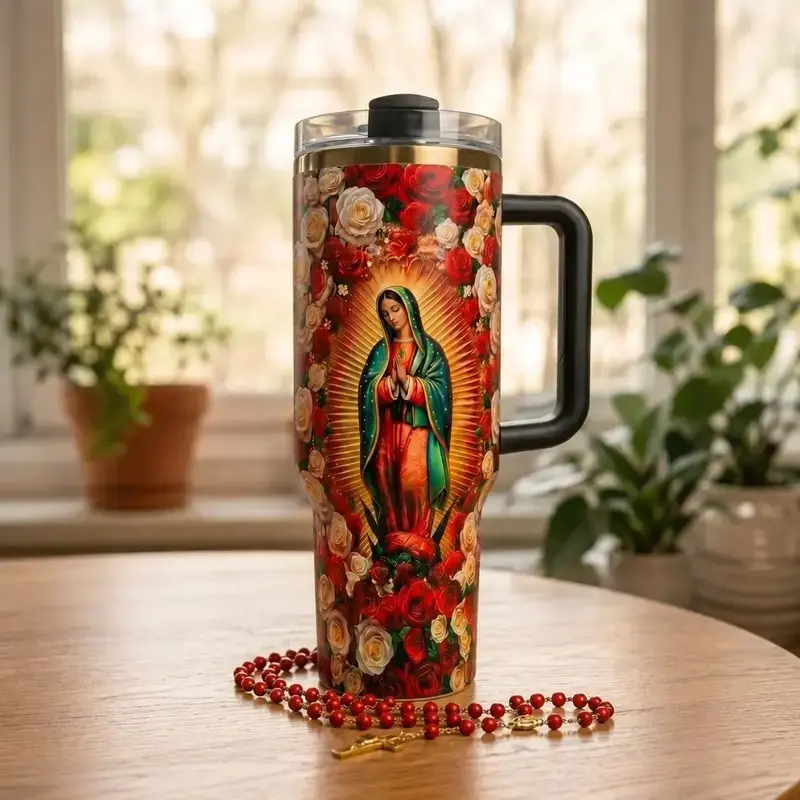 40oz Insulated Reusable Stainless Steel Our Lady of Guadalupe Tumbler - Wide Mouth Water Bottle with Handle, Cover, Straw, Red Pink Roses Floral Print, Catholic Mexican Religious Blessed Mother Mary Faith Gift for Women