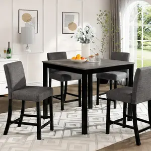 ARCH 5-Piece Counter Height Dining Table Set with 4 Upholstered Chairs, Square Wooden Kitchen Table Set for 4, Rubberwood & MDF, Light Grey and Black Two Tone, Space-Saving Design for Dining Room, Multiple Color Options, Product Weight: 110.00 lb