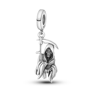 MULA S925 Sterling Silver Grim Reaper pendant with Halloween skull details and sickle design, a stylish gift for women and girls, suitable for gothic, rock and punk styles, compatible with Pandora bracelets