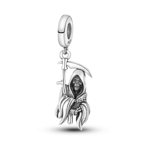 MULA Silver Plated Gothic Grim Reaper Charm with Scythe & Skull Face Punk Halloween Dangle Bead Fits Most Bracelets & Necklaces Birthday Halloween Spooky Gift for Her DIY Jewelry
