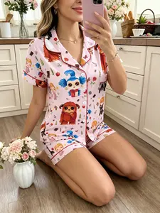 Women's Cartoon Pajama Set, Short Sleeve Top + Shorts, Butterfly Print, Cute Style, All Seasons, Comfortable Home Wear