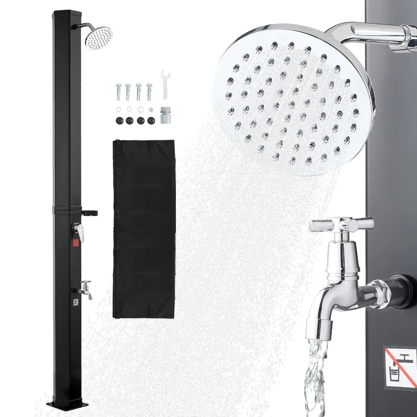 VEVOR 9.2 Gal Solar Heated Outdoor Shower, 6.4ft Height Freestanding Unit with Adjustable Shower Head, Foot Faucet, Soap Box Rack, Hot & Cold Water Adjustment, for Backyard, Poolside, Black, Rain Shower Head