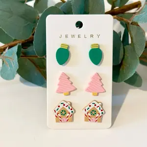Set of 3 pairs Green Light Bulb Pink Tree Gingerbread House Stud Earrings