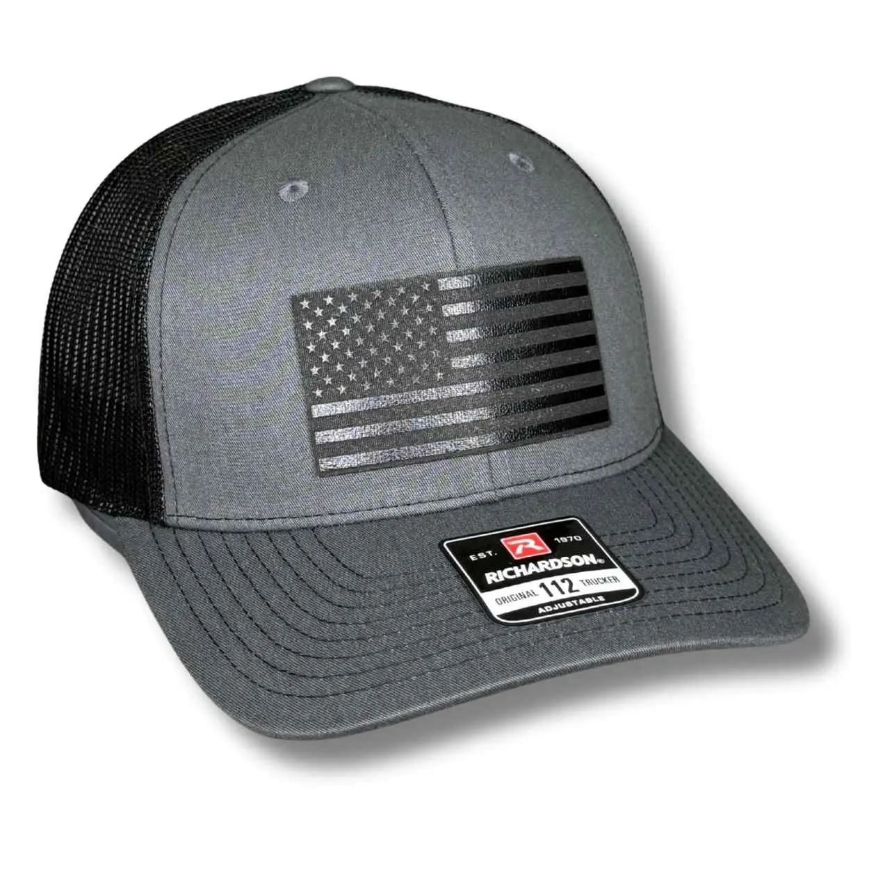 American Flag Blackout Patch Hat, Adjustable Snap, Leatherette, Permanent Engraving, for Everyday Wear American Flag Blackout Patch Hat, Adjustable Snap, Leatherette, Permanent Engraving, for Everyday Wear