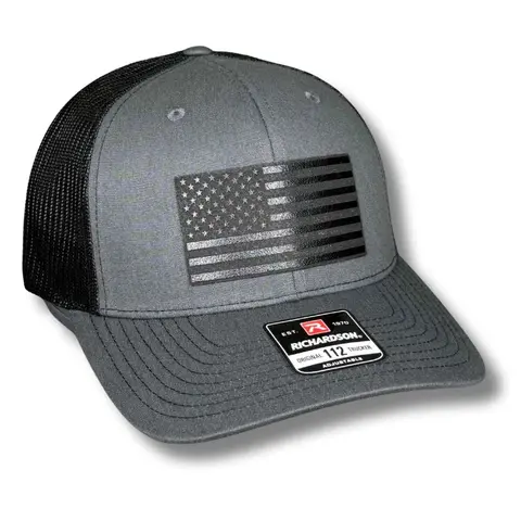 Blackout American Flag Patch Hats - Laser Engraved All American America Graphic, Monochromatic Blackout, Meshback Airflow, Unisex Casual Everyday Wear Hats