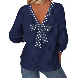 Polka Dot Trimmed V Neck Bow Tie Textured Ribbed Top