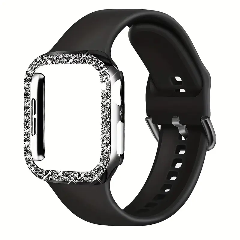 Sport strap+case for Apple Watch 40/41/44/45/S1042/46 Soft silicone band+diamond case， for IWatch Series11 10 987 654 Wearable Accessories