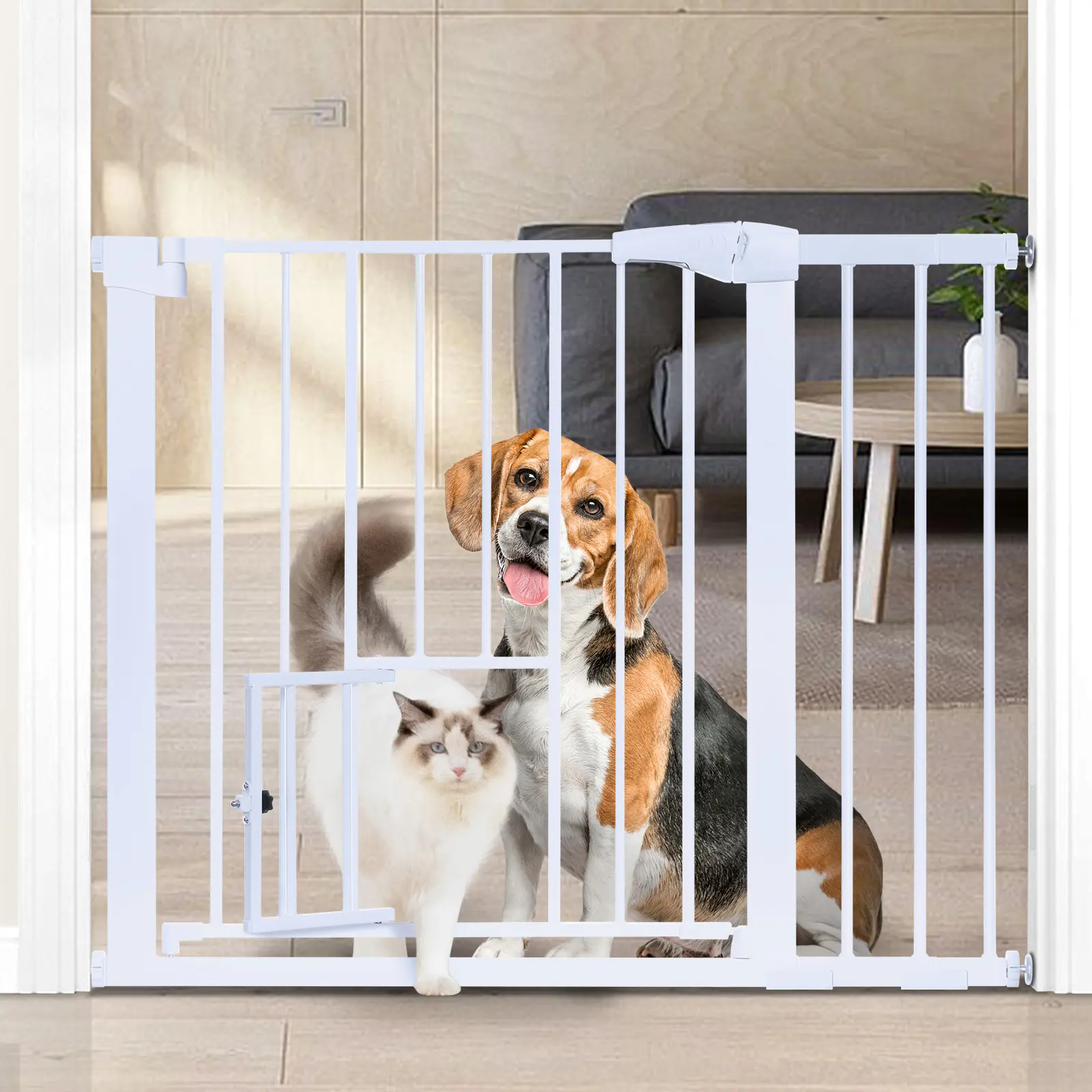 30'' H Auto Close Pet Gate with Cat Door, 29.5"-40.5" Extra Wide Dog Gate for House Doorways Stairs, Pressure Mount Safety Gate for Stairs & Doorways, Auto-Close Walk Through Design for Pets, Easy Install Dog Gate