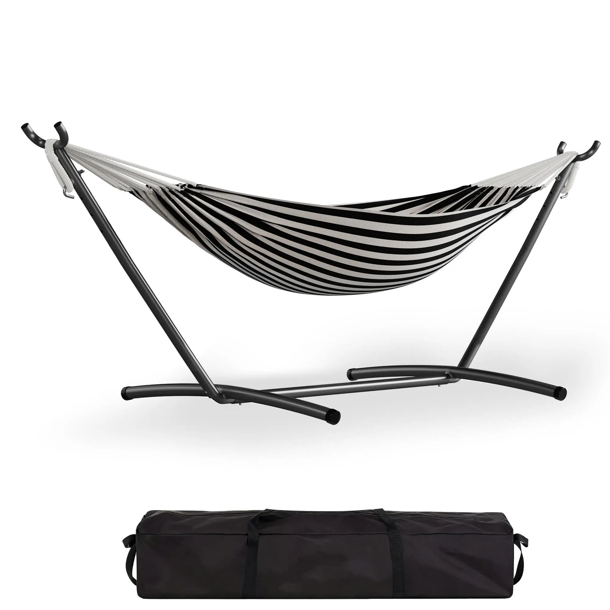 Sturdy 2-Person Black Cotton Striped Double Hammock with Steel Frame, Wraparound Cradle, Space-Saving Stable Stand, Carry Bag, 450 lbs Capacity, Tool-Free Setup (Assembly Note), for Adult Front Porch, Backyard Adventures