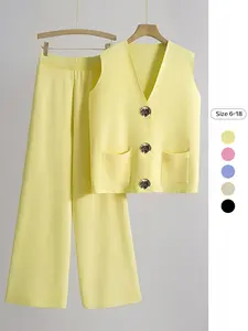 Two-Piece Set Women's Solid Color V Neck Fitted Button Up Tank Top & Wide Leg Pants, Casual Fashion Cozy for Daily Outdoor Wear, Ladies Clothes for Summer, Suits