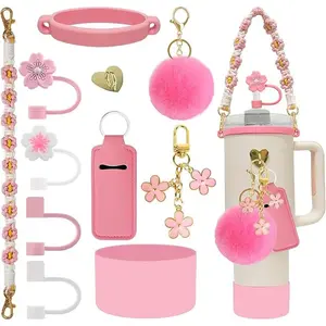 11 PCS Cup Accessories for Stanley Cup, Water Bottle Handle Strap for Stanley 30/40 oz tumbler with handle, including Straw Toppers, Silicone Cup Boot, Keychain Charms Drinkware Set Mug