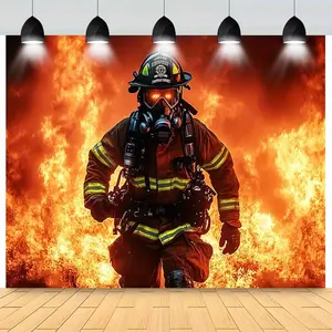 1pc Firefighter-Themed Party Banner - Durable Polyester Indoor/Outdoor Decoration for Holidays, Birthdays, Anniversaries - Heroic Fireman Design with Flames Backdrop, Firefighter Decor, Holiday Celebration, Dynamic Imagery Ornaments White