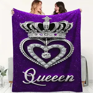 Deep Purple Luxurious Queen-Style Flannel Throw Blanket, Diamond-Studded Crown and Heart and "Queen"Print, Soft and Fluffy Blanket, Warmth,Outdoor Activities, and As A Gift, Using In The Living Room,  Sofa, Office, While Camping, and During Travel