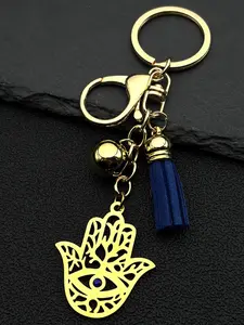 Fatima Hand Tree of Life Key Chain for Women Men Stainless Steel Gold Color Blue Tassel Evil Eye Hamsa Key Ring Islamic