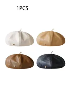 PU Leather Beret Hat with Metal Button, Vintage Soft Elegant Artist Painter Headwear, Multi-Color Imitation Leather Pumpkin Beret, High Quality Hat