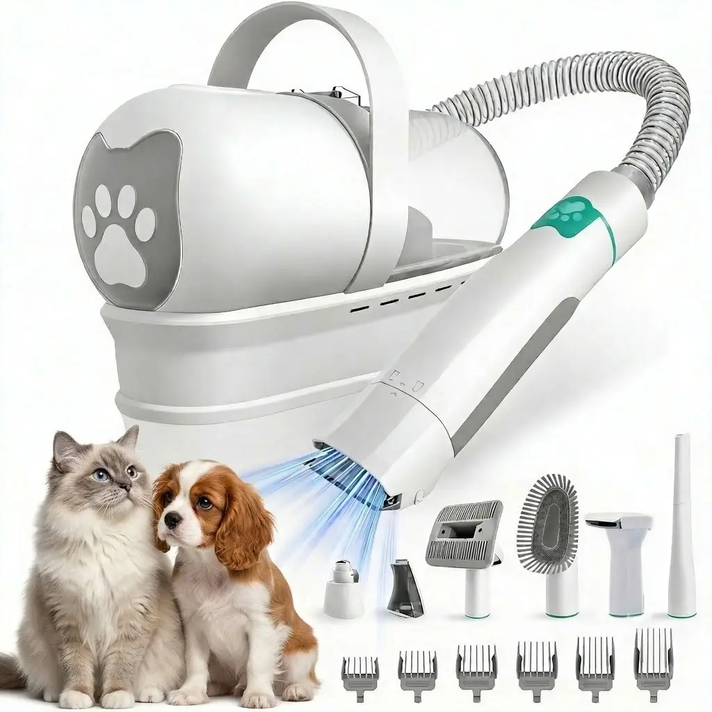 7-in-1 Dog Hair Vacuum Groomer, Electric Pet Trimmer Set with Paw Care Tool, Nail Grinder, Nozzle & 6 Trimming Combs