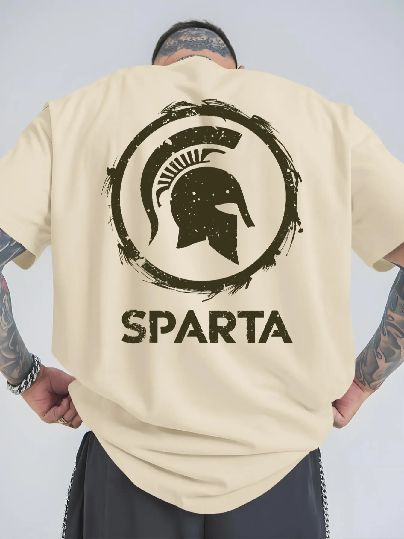 Men's Spartan Helmet & Graphic Letter Print Round Neck Tee, Loose Casual Streetwear Short Sleeve T-shirt for Summer, Men's Top for Daily Wear, Tropical