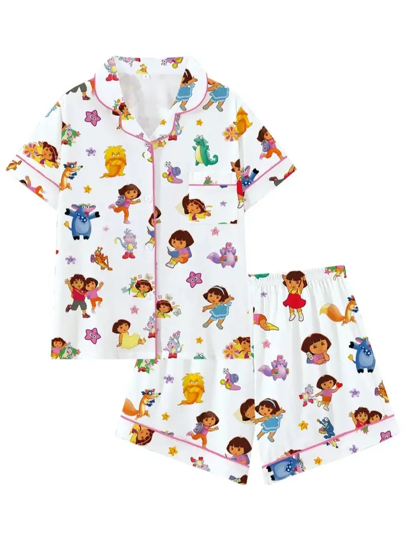 Women's 90s Y2K Cartoon Character Pajama Set – Cute Button-Up Short Sleeve Sleepwear, Retro 2-Piece Lounge Set