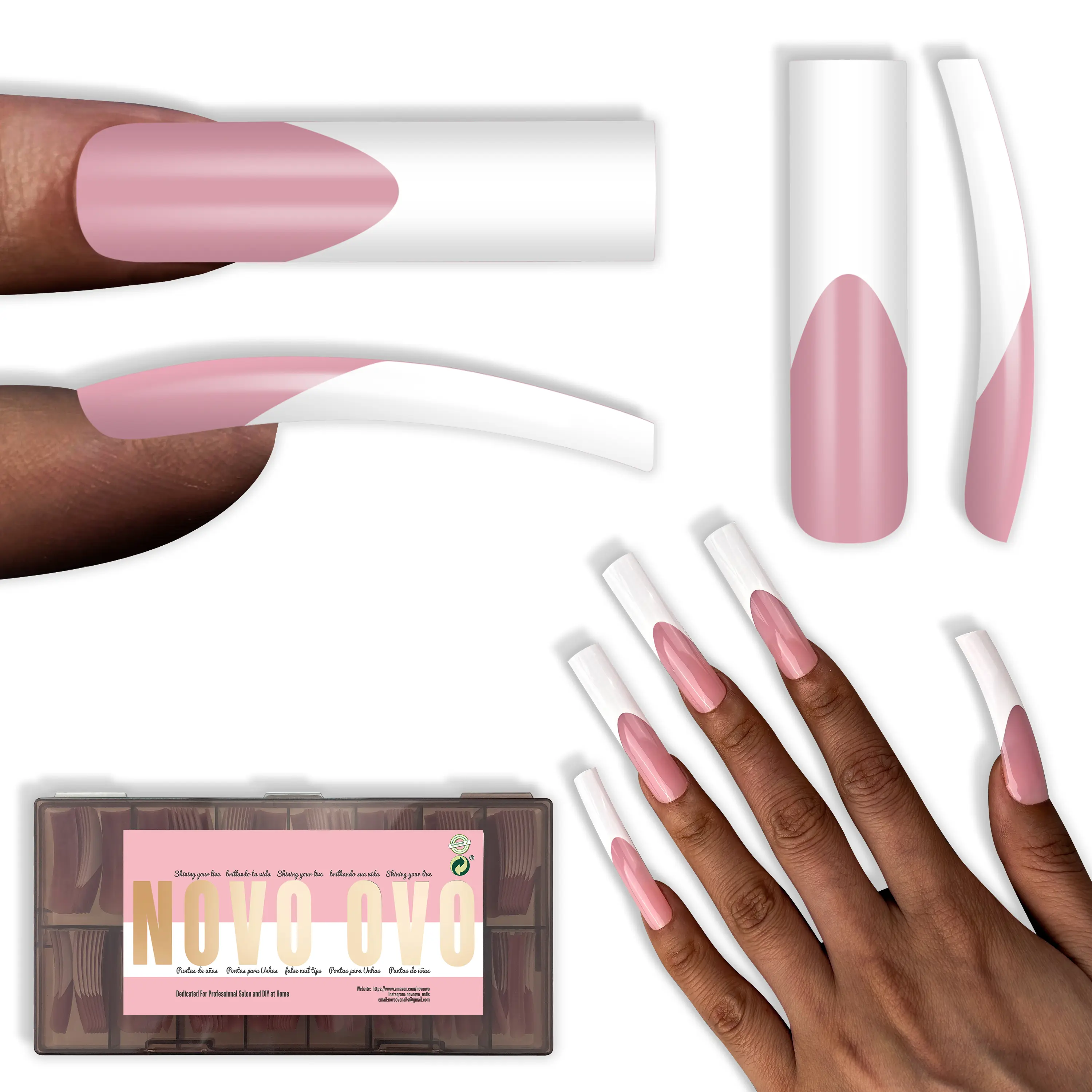 NOVO OVO Press On Nails, XXL Sharp Square Slight Curved French Tips, Berry Pink Full Cover Soft Gel Nail Kit, 15 Sizes, 150 pcs, Nail Care, Shape Square Xxl Slight Curved French Tips