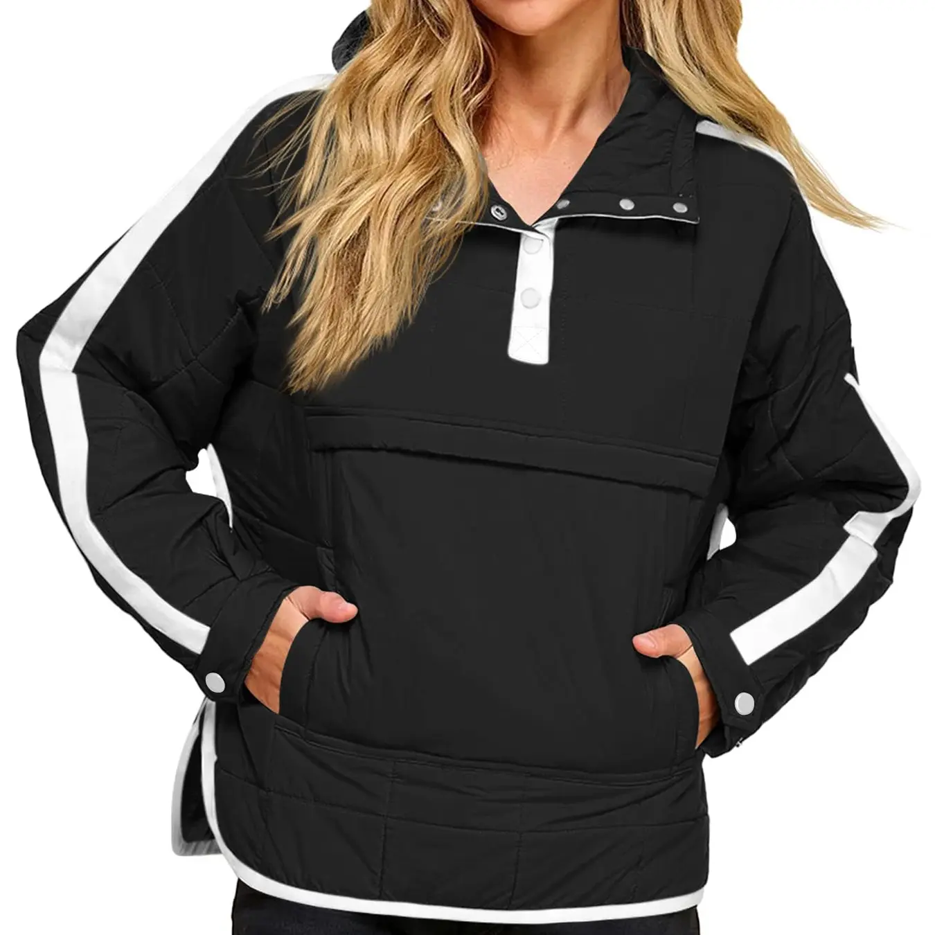 Renaishow Women's Casual Puffy Jacket, Stylish Oversized Color Block Quilted Long Sleeve Hooded Pullover with Pockets, Button