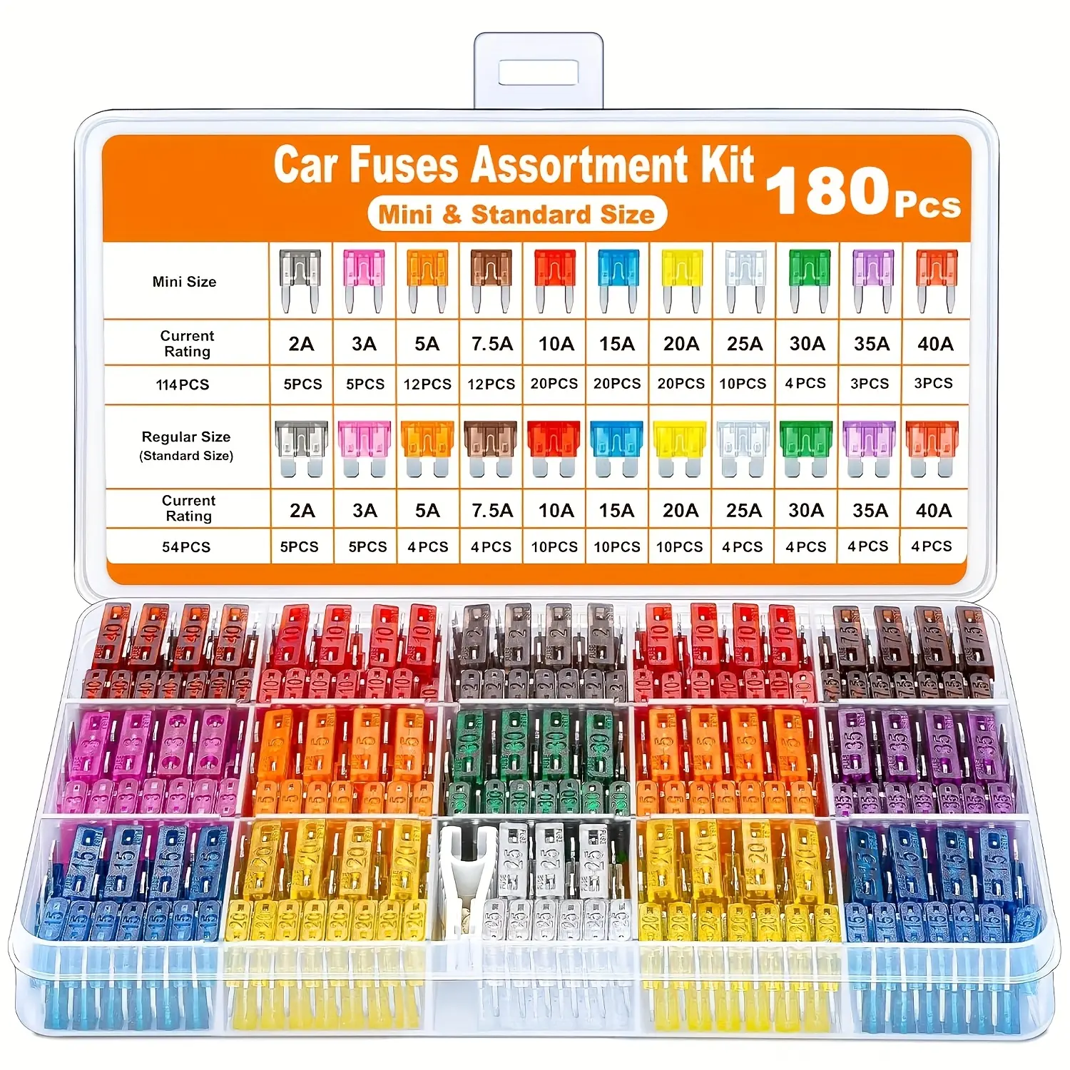 180-Piece Car Fuse Assortment Kit, Includes 116 Mini Blade Fuses + 64 Standard Automotive Fuses & Puller, Fits Cars/rvs/trucks/motorcycles/yachts, Vehicle