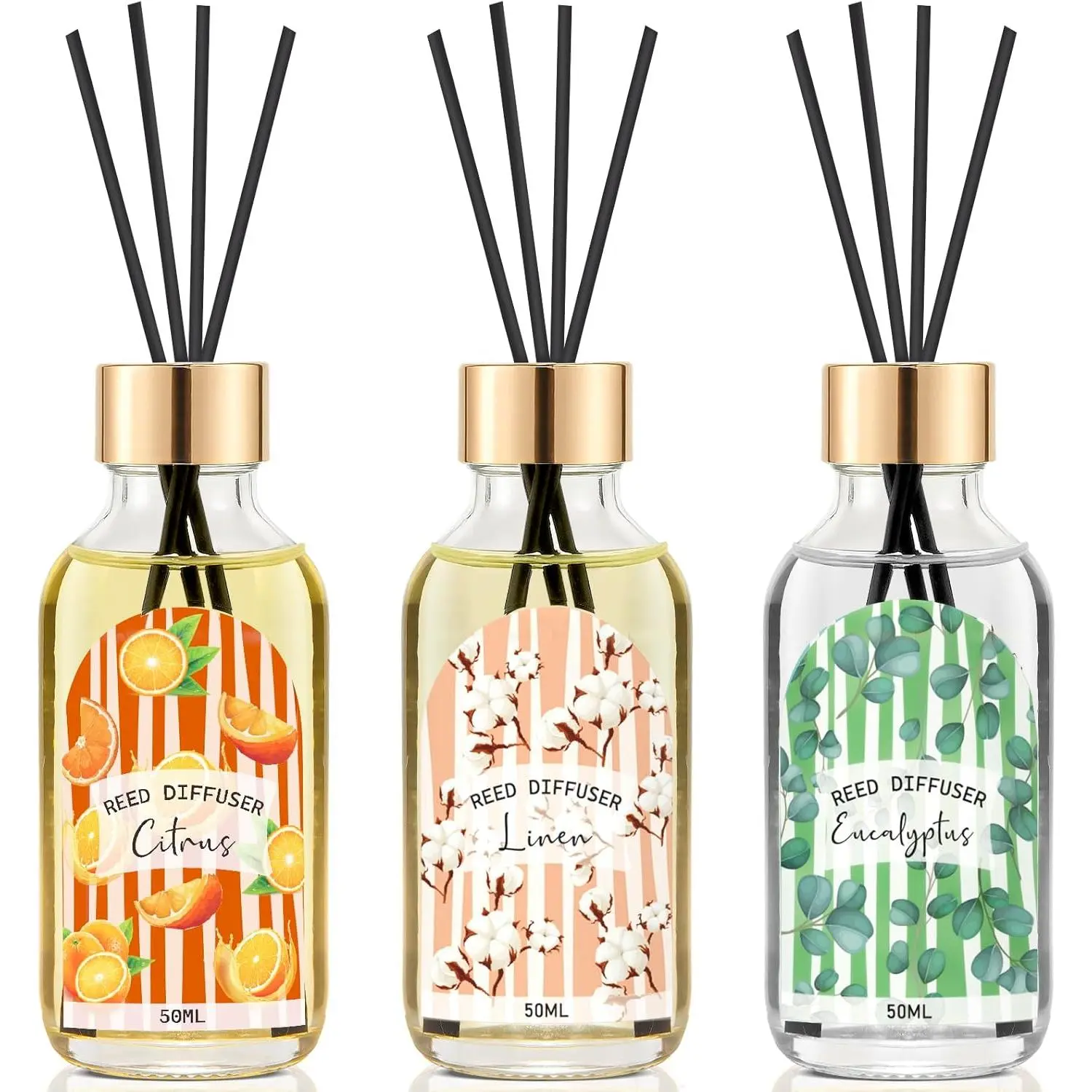 3 Pack Reed Diffuser Set, Linen Eucalyptus Citrus Scented Oil Reed Diffusers for Home, Bathroom, Office Decor, Aromarapy Diffuser with 15 Sticks, 1.7 Fl. Oz Each, Total 5.1 Fl. Oz