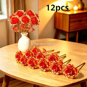 12-Piece Gold Foil Artificial Rose Bouquet, Elegant Home Decoration Ornaments for Table & Aesthetic Room Decor, Ideal Gift for Mothers (Valentine, Wedding Use)