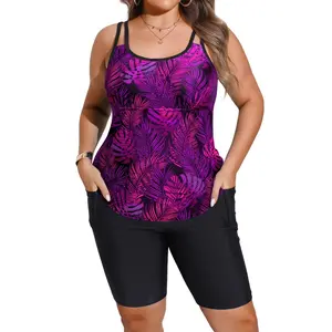 Tempt Me Plus Size Tankini Swimsuits - Athletic Two Piece Bathing Suits with Short for Women Swimwear with Pockets
