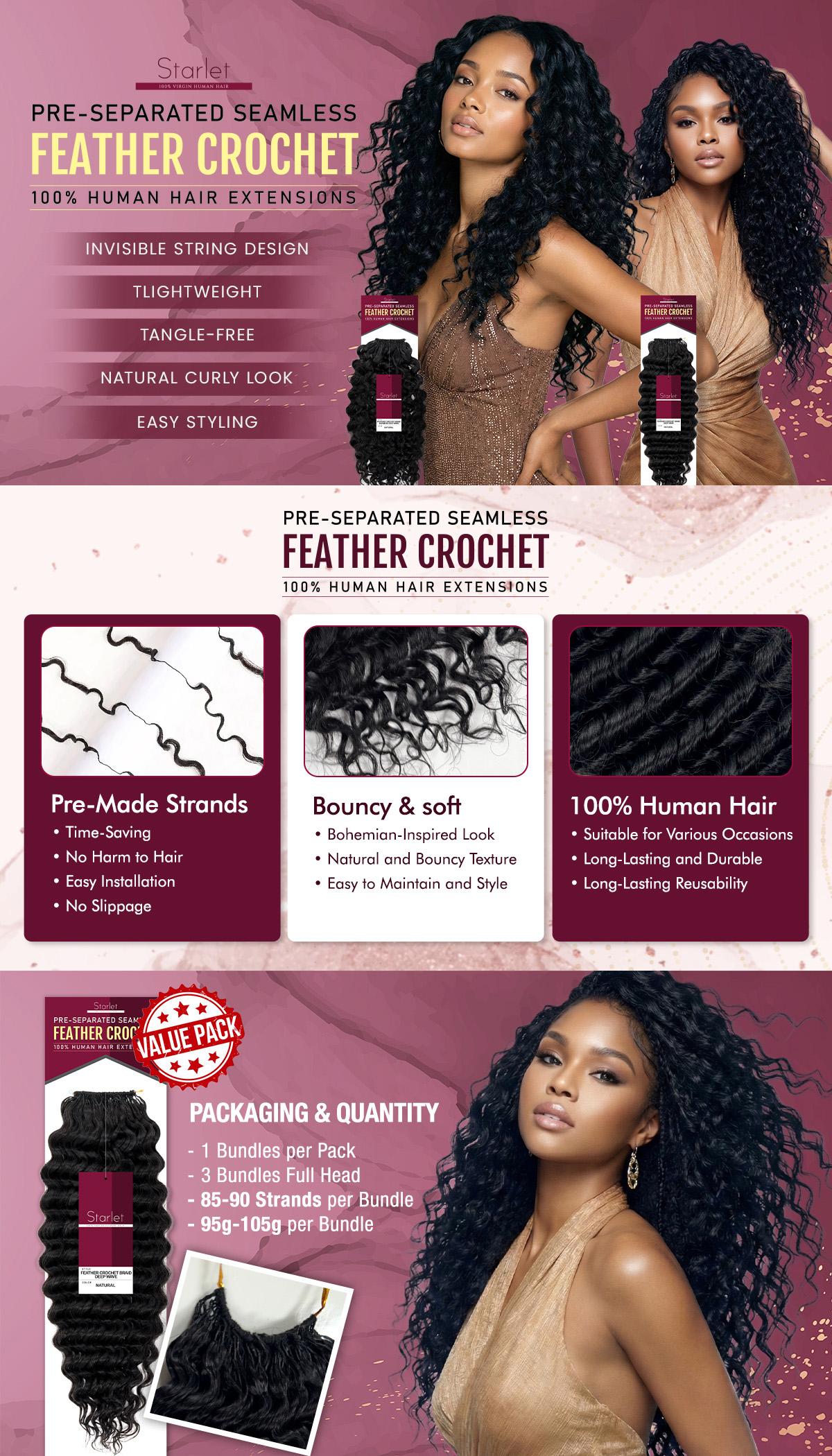 100g VALUE PACK Starlet 100% Human Hair Miracle Knots Feather Crochet Braid Deep Wave