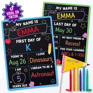 BEAWART First Day of School Sign Set, 10x14 First & Last Day Board, Reusable Double-Sided Back to School Chalkboard with 6 Chalk Markers & Pencil Flag, Preschool Kindergarten Photo Prop, Green & Blue Border
