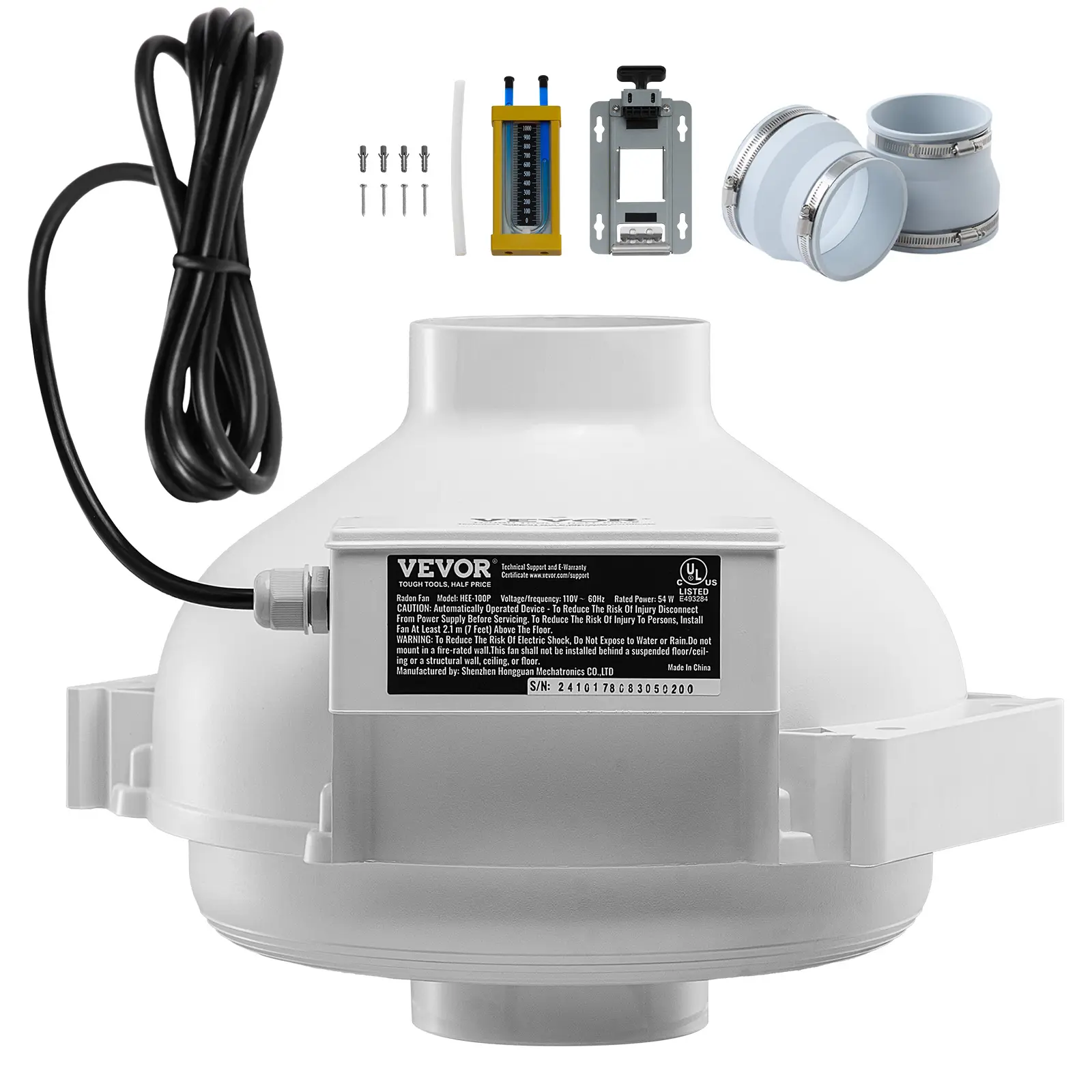 VEVOR 4 to 4.5 inch Radon Fan Installation Kit, Quiet 190CFM Radon Mitigation Fan System Kit with 2 Couplers, Pressure Indicator, Waterproof Inline Duct Fan Exhaust Fan for Indoor Outdoor Ventilation
