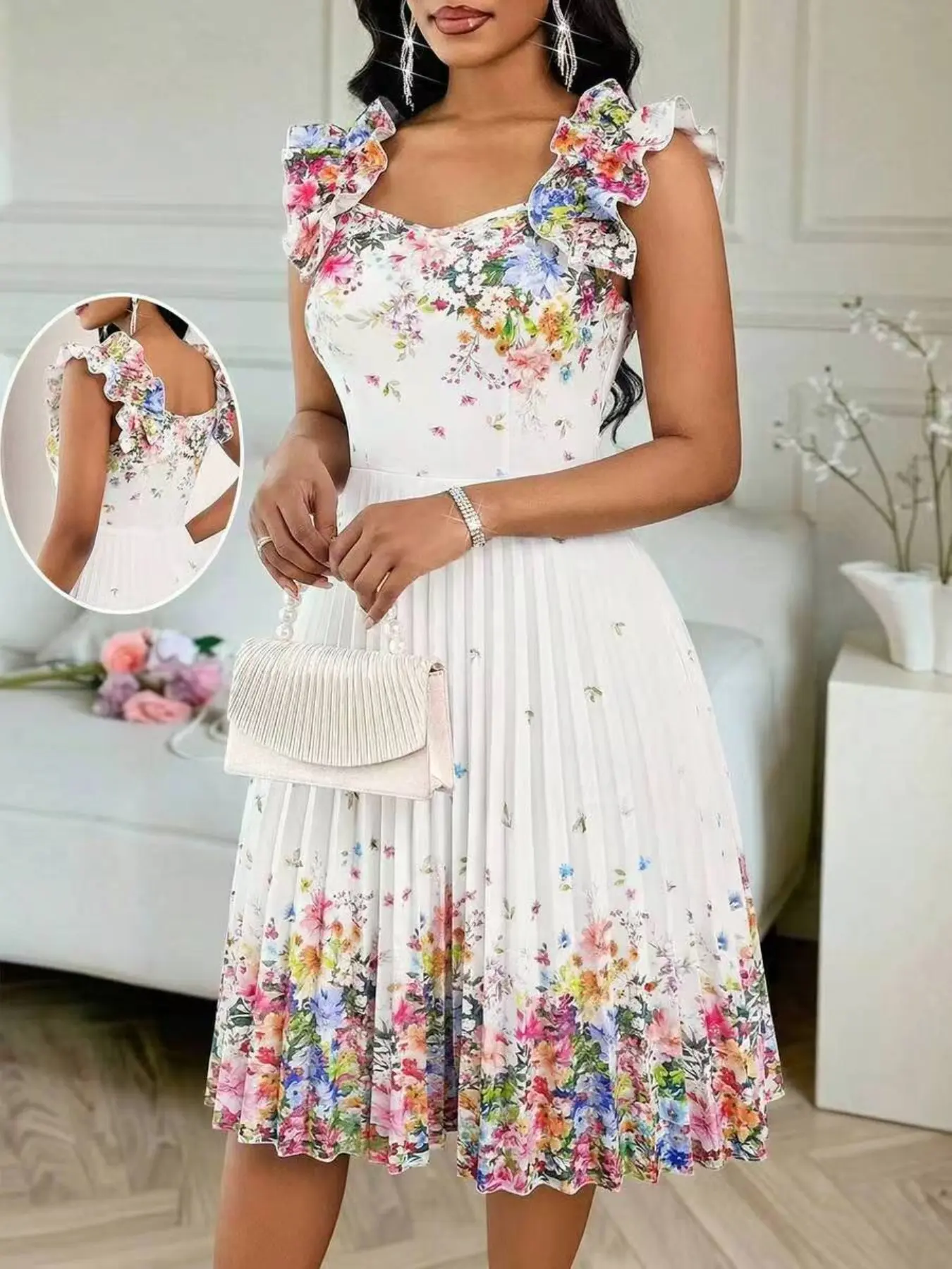 Elegant Summer Party Dress, Evening Party Dresses, Floral Print, Square Neck, Ruffled Shoulder Straps, Zipper, Pleated A-Line, Hrs733, Perfect for Festive Gatherings, Floral Sleeveless Dress