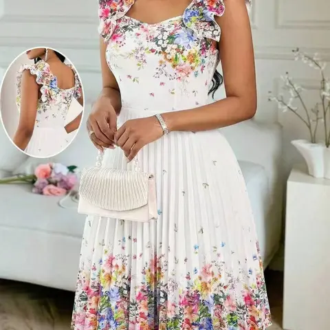 Elegant Summer Party Dress, Evening Party Dresses, Formal Pleated Dress, Floral Print, Square Neck, Ruffled Shoulder Straps, Zipper, Pleated A-Line, Hrs733, Perfect for Festive Gatherings, Floral Sleeveless Dress