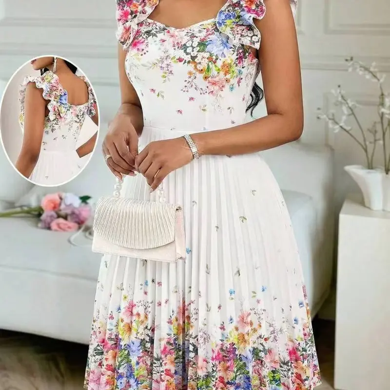 Elegant Summer Party Dress, Evening Party Dresses, Formal Pleated Dress, Floral Print, Square Neck, Ruffled Shoulder Straps, Zipper, Pleated A-Line, Hrs733, Perfect for Festive Gatherings, Floral Sleeveless Dress