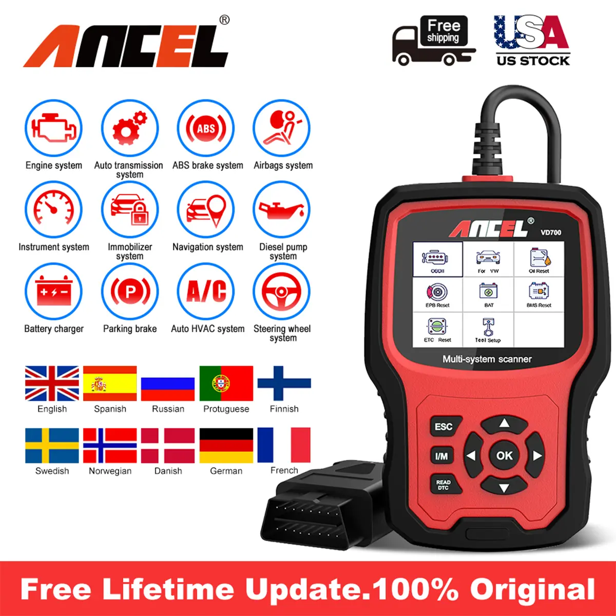ANCEL VD700 Automotive Diagnosis Scanner - Vehicle-Specific Fit Diagnostic Tool for Volkswagen VW, Audi, Skoda, Seat; OBD2 Code Reader with Battery Registration, EPB Reset, Lifetime Free Update (Upgraded VD500)
