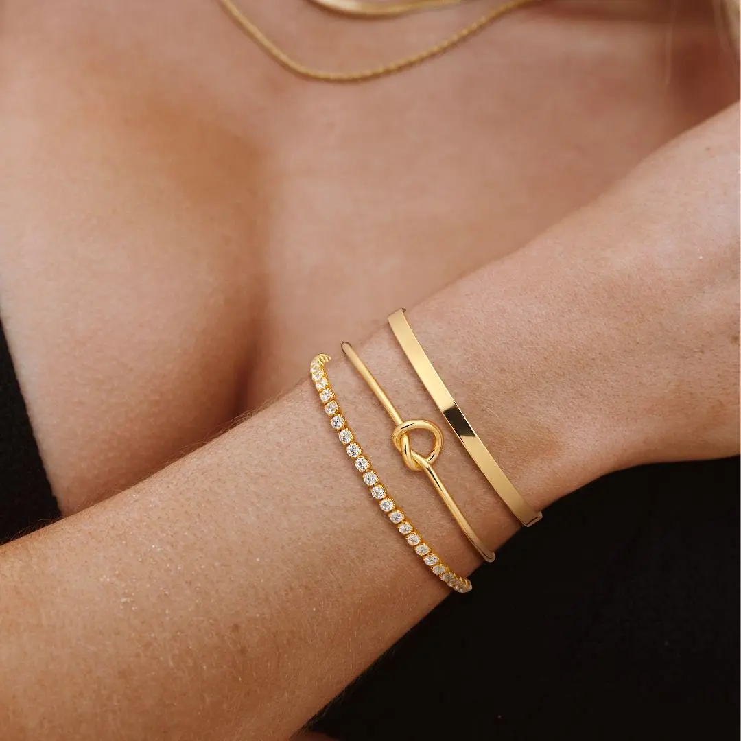 KOPERIN 3PCS 14K Gold Filled Bracelet Stack Set Heart Knot Open Bangle Plain Cuff And CZ Inlaid Tennis Bracelets Hypoallergenic Adjustable Accessories For Women Gift