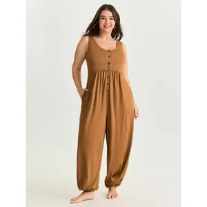 BLOOMCHIC Women's Plus Size Overalls - Supersoft Spandex Fabric Buttoned Pleated Cuffed Hem Sleeves Pockets Basic Fit Minimalist Lounge Jumpsuit [M-6X] 2026 Summer Deal Spotlight,Summerfinds