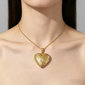 Vintage Gold Heart Locket Necklace that Holds Pictures| Engraved Floral Photo Pendant| Waterproof Stainless Steel Aesthetic Victorian Jewelry