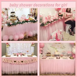 Suppromo 14ft Pink Tulle Tutu Table Skirt, 30in Height, for Rectangle/Round Tables, Ideal for Birthday Parties & Baby Showers (Pink, 14ft L x 30in H)