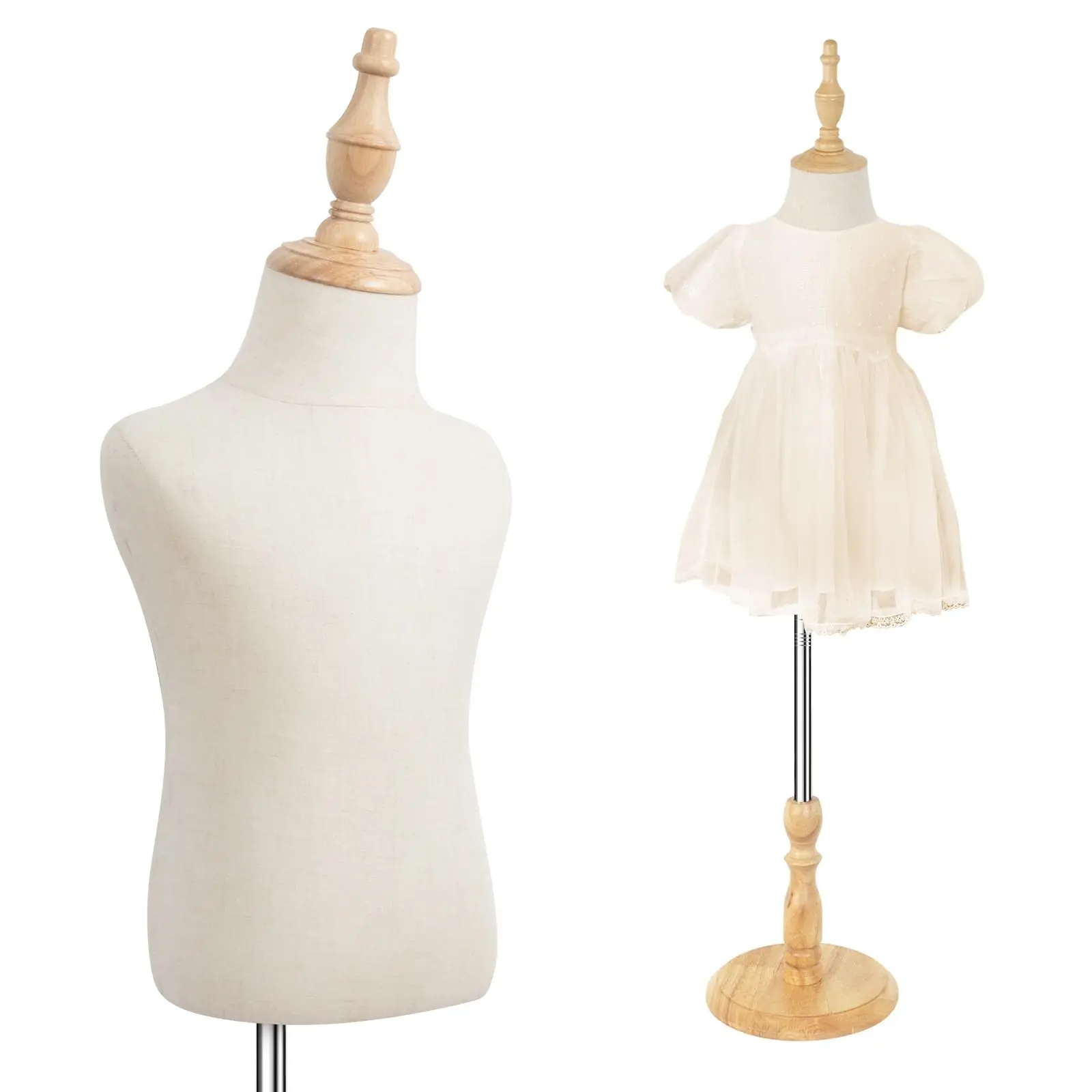 SHAREWIN Kids Dress Form Mannequin Torso, Height‑Adjustable Pinable Linen Mannequin with Wooden Base, for Home Mom DIY Sewing, Craft Fair Booth Display & Kids Outfit Home Showcase, Fits 2‑11 Years Old