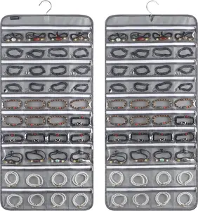 Dual-Sided Hanging Jewelry Organizer with 80 Zippered Pockets, Accessory Display Holder for Earrings Bracelets Rings, Grey
